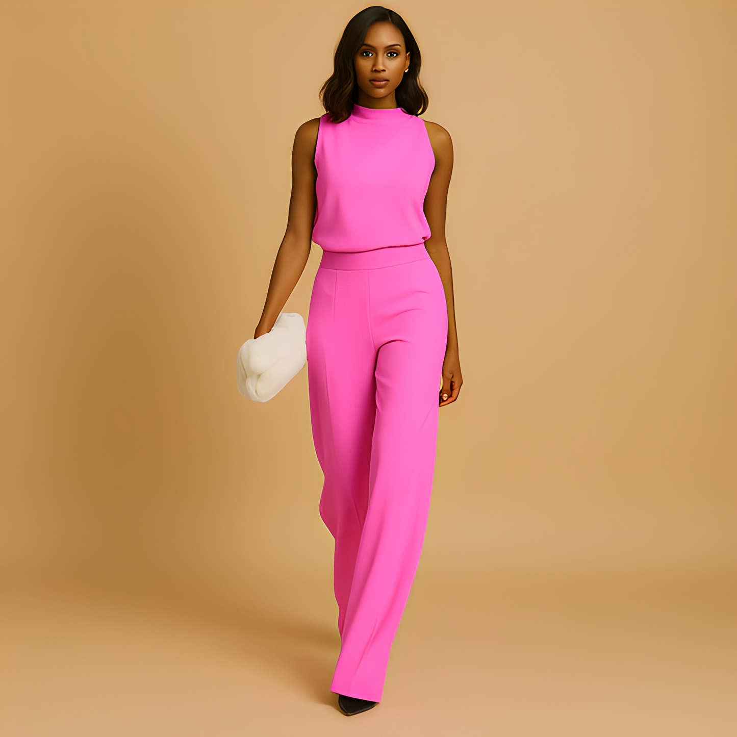 Women's High Neck Sleeveless Two Piece Pant Set