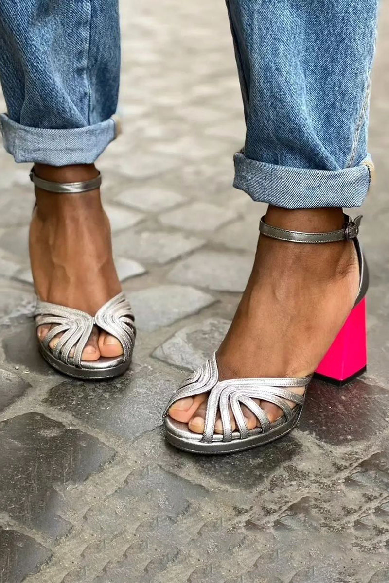Women's Shiny Sandals Buckle Thick Heel