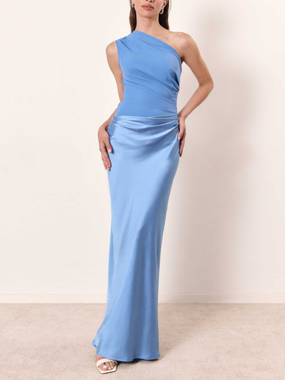 Elegant One Shoulder Pleated Maxi Dress