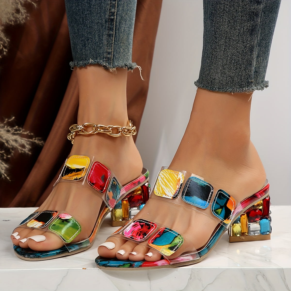 Women's Slide Sandals Decorative Block Heel