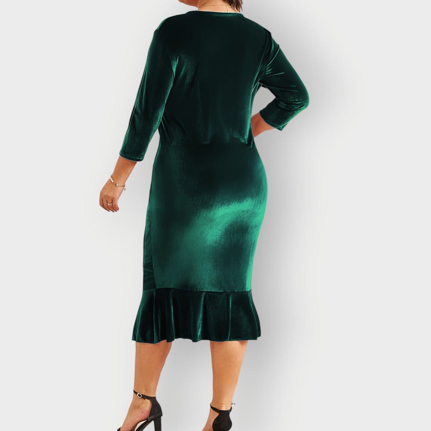 Women's Velvet Midi Dress Ruffle Detail Navy