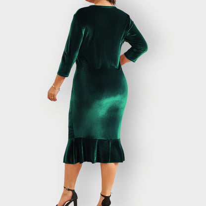 Women's Velvet Midi Dress Ruffle Detail Navy