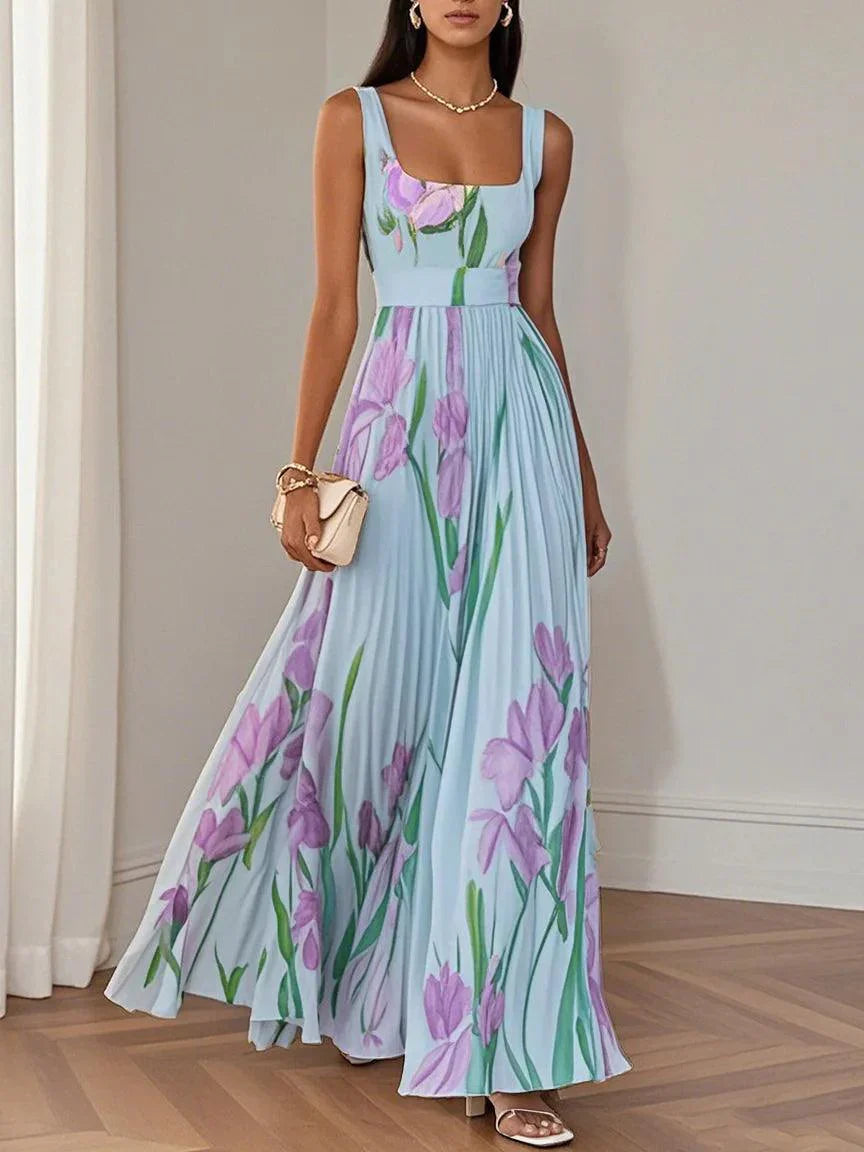 Women's White Floral Maxi Dress Pleated