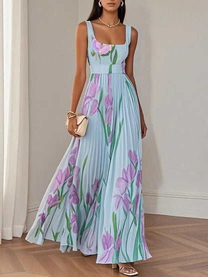 Women's White Floral Maxi Dress Pleated