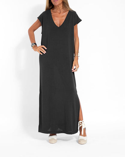 Women's V-Neck Short Sleeve Maxi Dress Coral