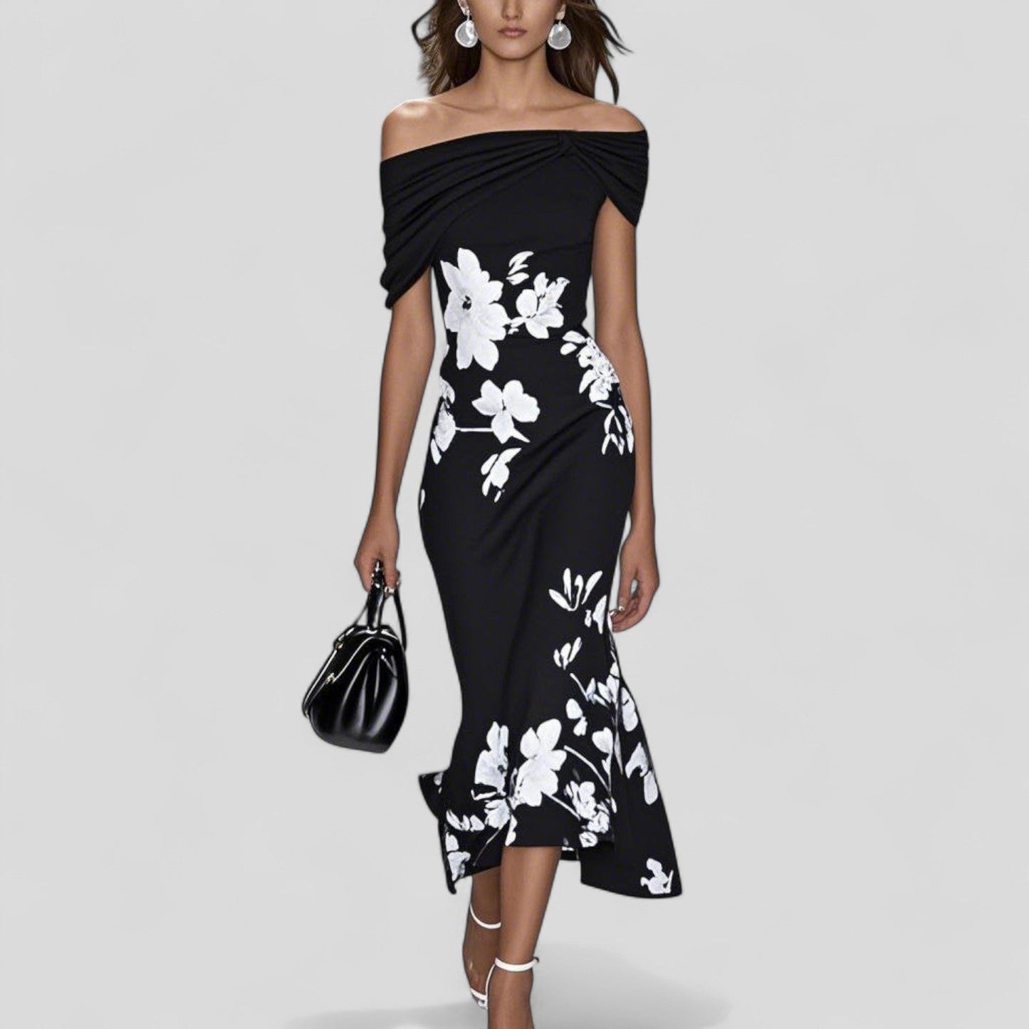 Women's Floral Midi Dress Off-Shoulder Ruffle Hem