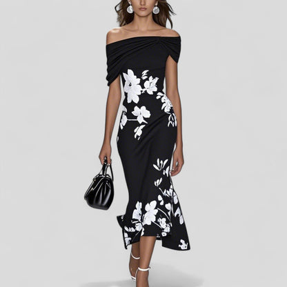 Women's Floral Midi Dress Off-Shoulder Ruffle Hem