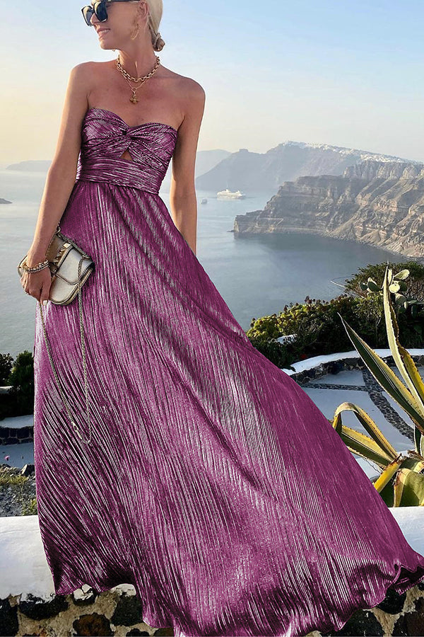 Strapless A-Line Evening Gown Pleated Metallic Design