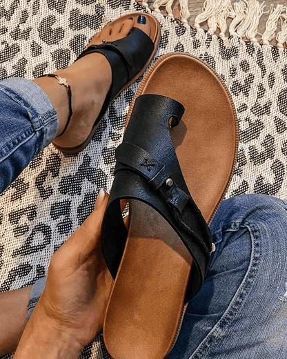 Women's Flat Sandals Slip-On Leather Boho Brown - Vonnera