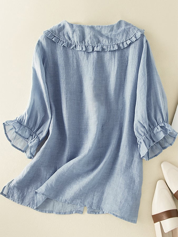 Women's Linen Blend Tunic Ruffled Collar
