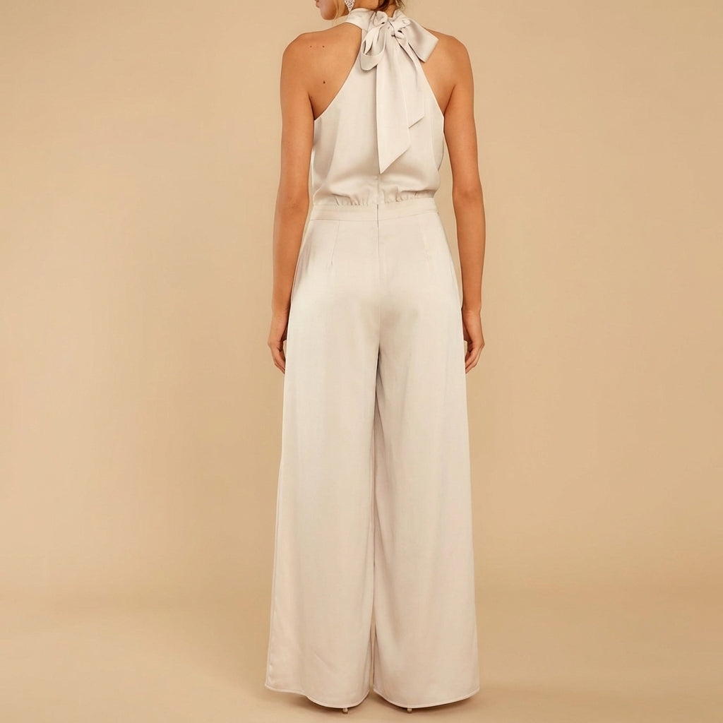 Women's Halter Neck Jumpsuit Wide Leg Tie Back