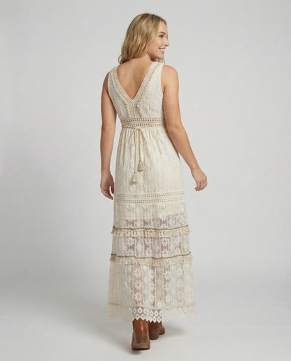 Women's Bohemian Maxi Dress Lace Tiered Tassel Waist
