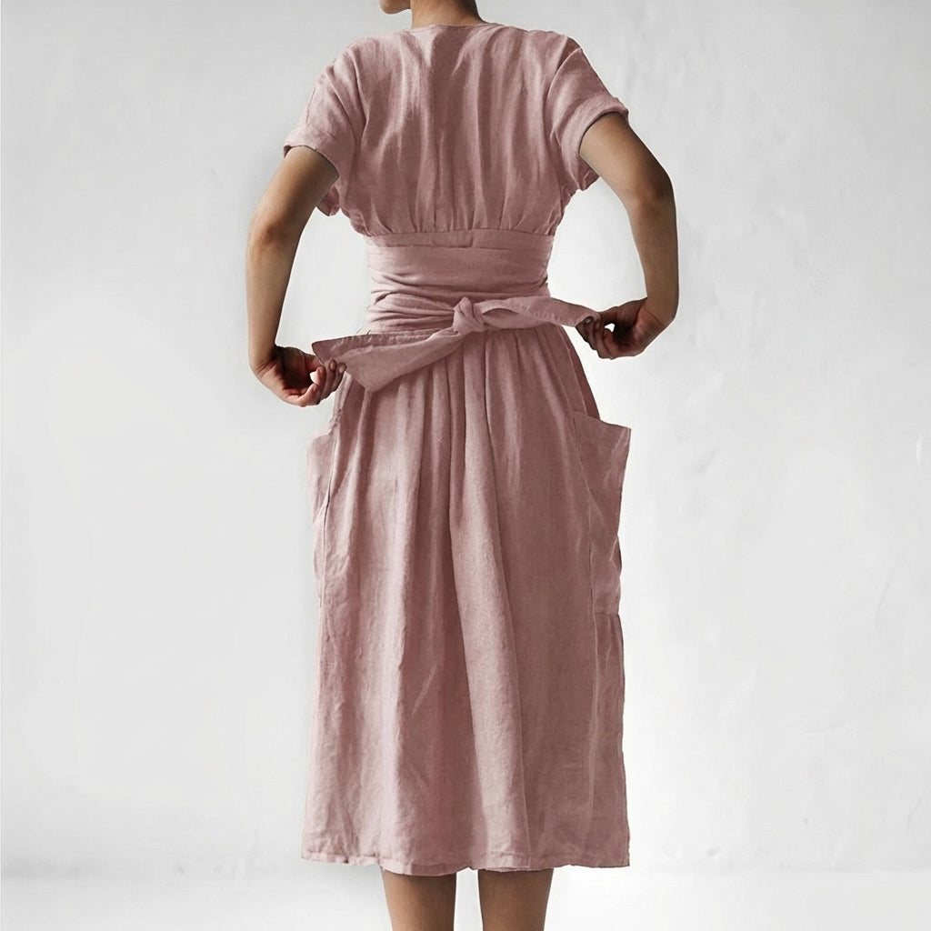 Women's Linen Midi Wrap Dress with Pockets Relaxed Fit