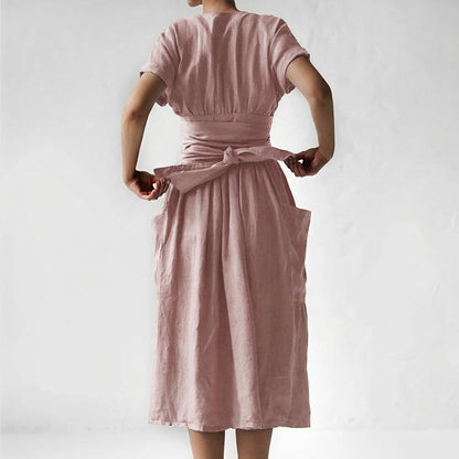 Women's Linen Midi Wrap Dress with Pockets Relaxed Fit