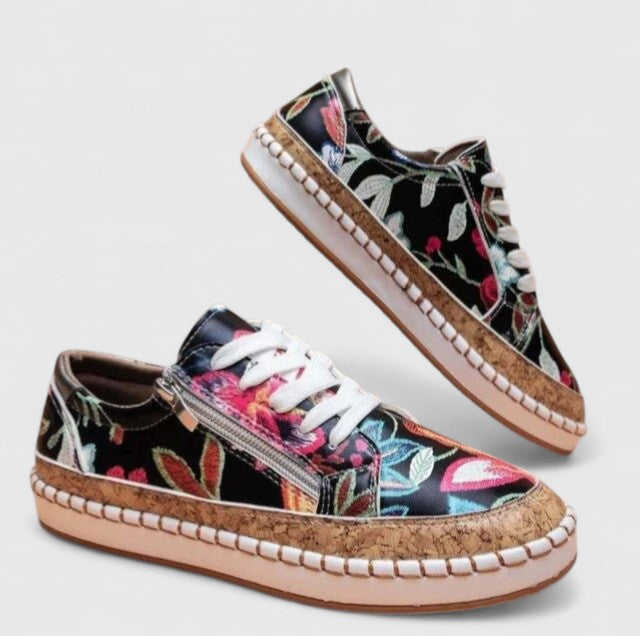 Women's Floral Sneakers Cork Sole Lace Up