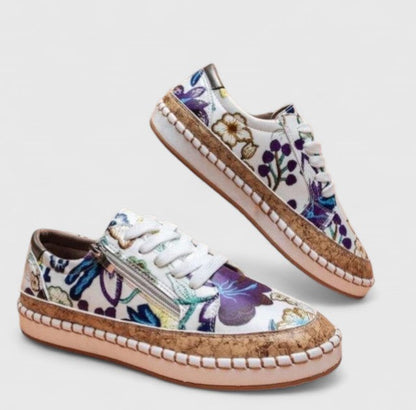 Women's Floral Sneakers Cork Sole Lace Up