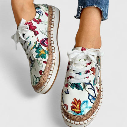 Women's Floral Sneakers Cork Sole Lace Up