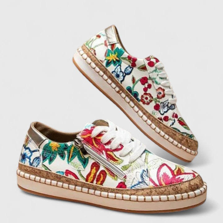 Women's Floral Sneakers Cork Sole Lace Up
