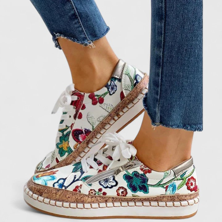 Women's Floral Sneakers Cork Sole Lace Up - Vonnera