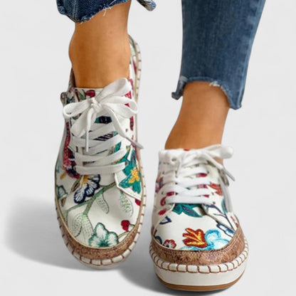 Women's Floral Sneakers Cork Sole Lace Up