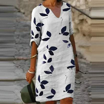 Women's Fall Leaf Print Maxi Dress Flowing Silhouette - Vonnera