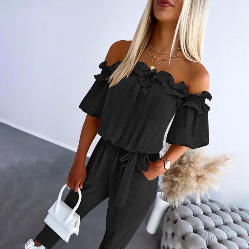 Women's Off Shoulder Frill Jumpsuit Tie Waist