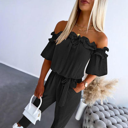 Women's Off Shoulder Frill Jumpsuit Tie Waist
