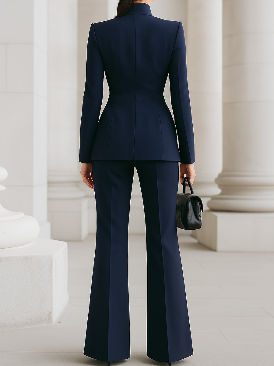 Women's Stand Collar Blazer Suit Set Wide Leg Pants