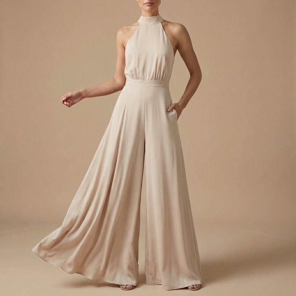 Women's Halter Neck Jumpsuit Wide Leg Tie Back