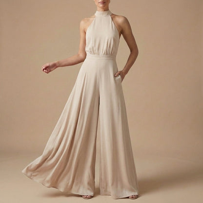 Women's Halter Neck Jumpsuit Wide Leg Tie Back