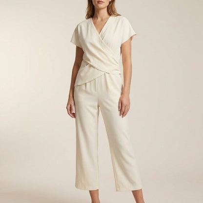Women's V-Neck Jumpsuit Wide Leg Cropped Relaxed Fit