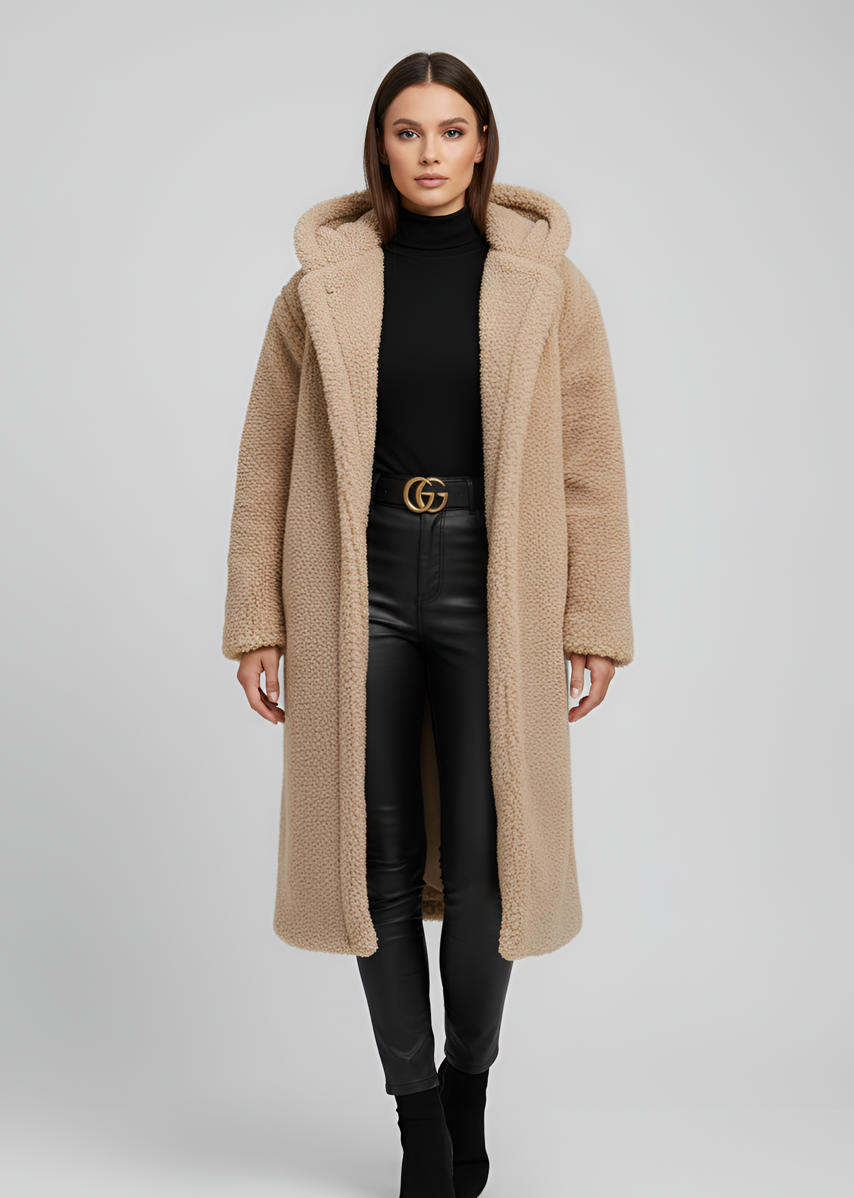 Women's Long Teddy Coat Plush Hooded Winter Outerwear - Vonnera