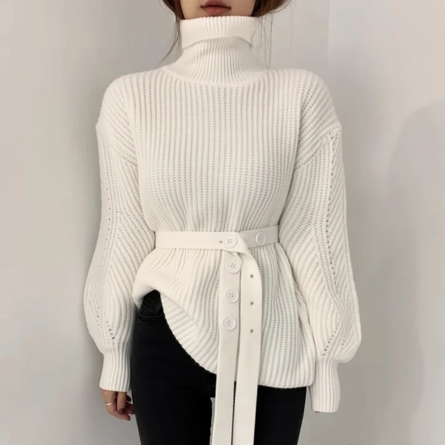 Women's Belted Turtleneck Sweater