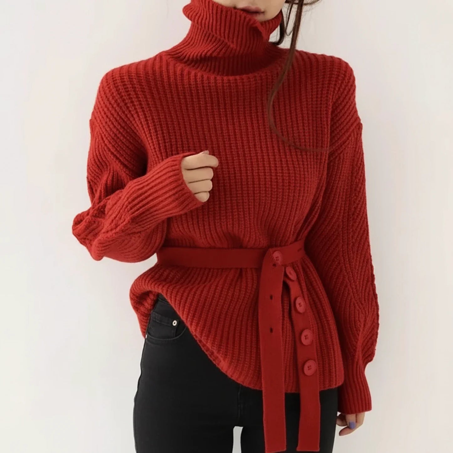 Women's Belted Turtleneck Sweater