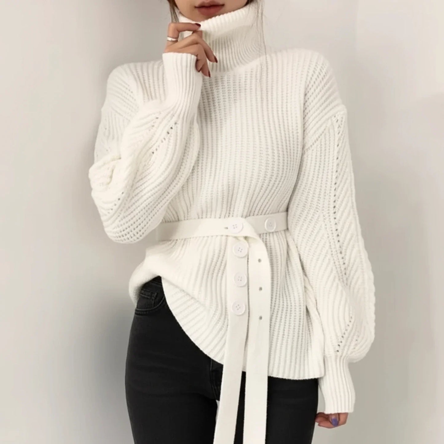 Women's Belted Turtleneck Sweater