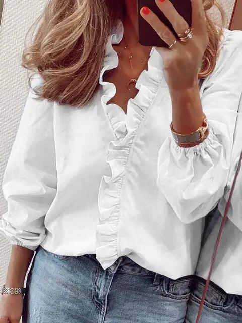 Image of Beverly | Women's Ruffle V-Neck Long Sleeve Blouse