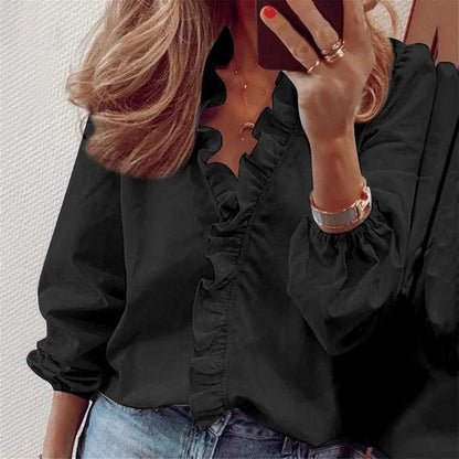 Image of Beverly | Women's Ruffle V-Neck Long Sleeve Blouse