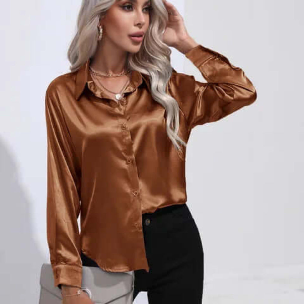 Women's Satin Long Sleeve Blouse Loose Fit