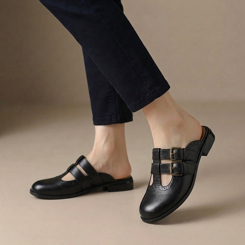 Women's Slip-On Mule Heels Double Buckle Brown Leather