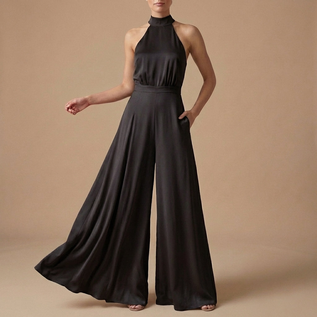 Women's Halter Neck Jumpsuit Wide Leg Tie Back