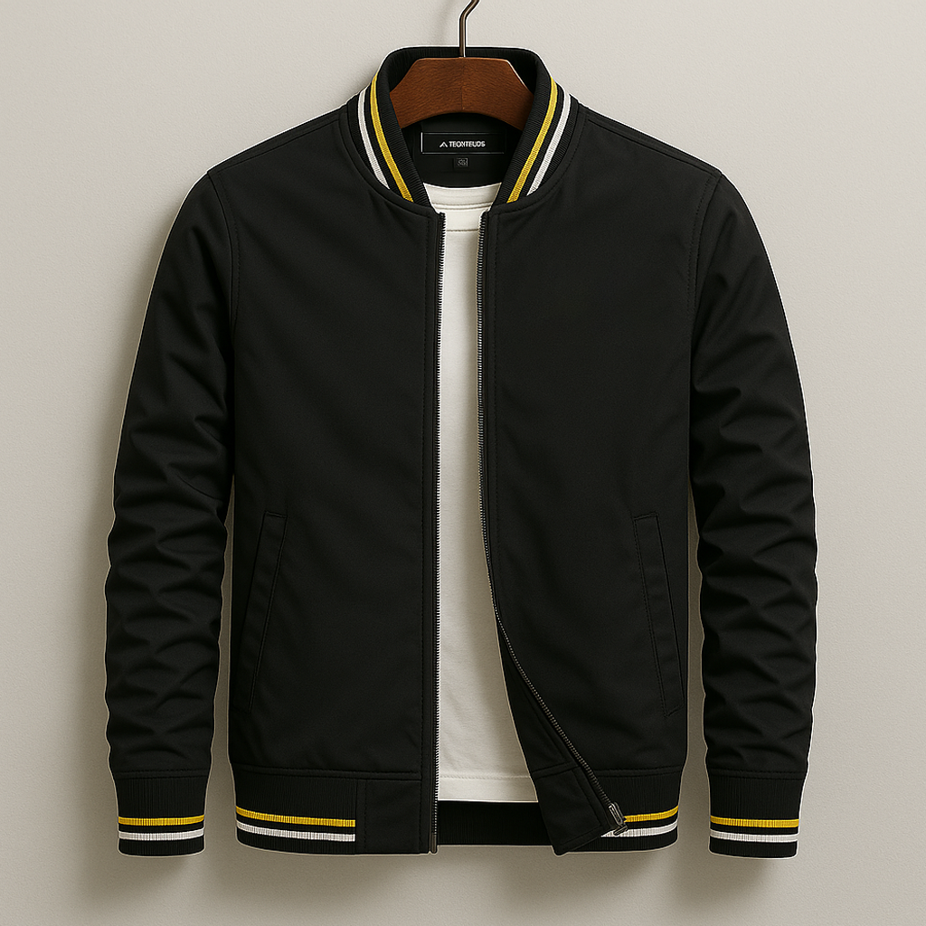 Men's Lightweight Bomber Jacket Ribbed Trim Zip-Up Black