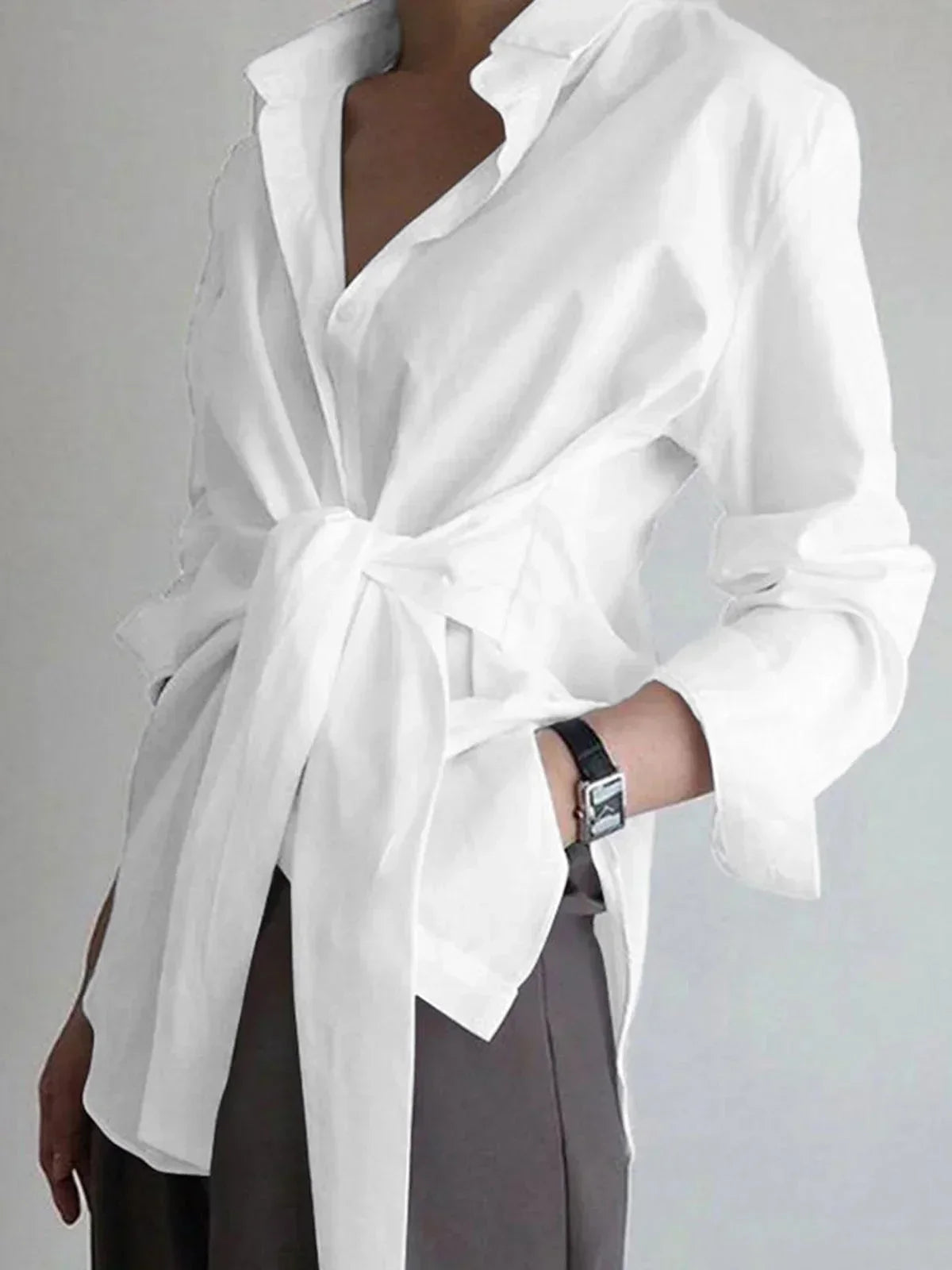 Women's Oversized Long Sleeve Shirt With Tie Belt - Vonnera