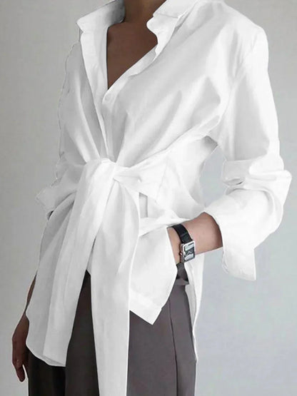 Women's Oversized Long Sleeve Shirt With Tie Belt - Vonnera