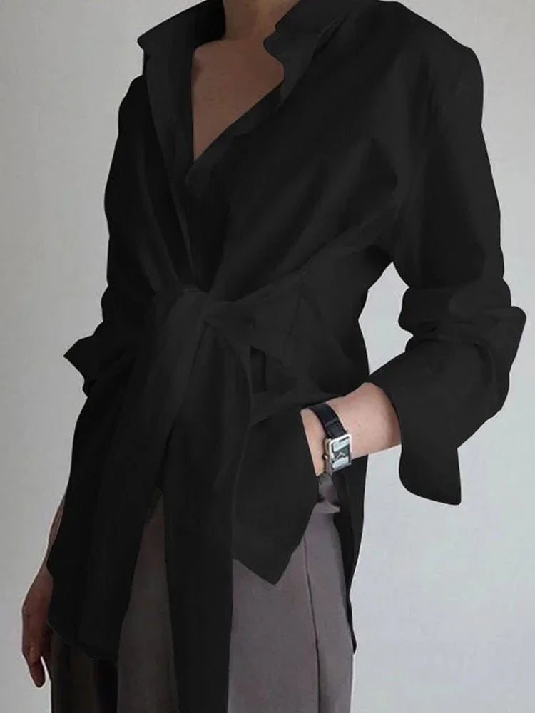 Women's Oversized Long Sleeve Shirt With Tie Belt