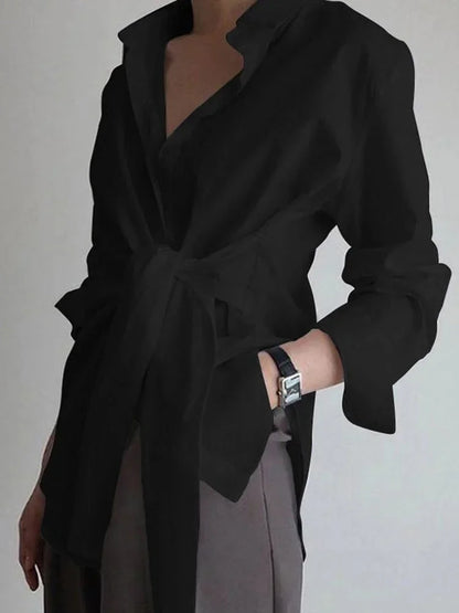 Women's Oversized Long Sleeve Shirt With Tie Belt