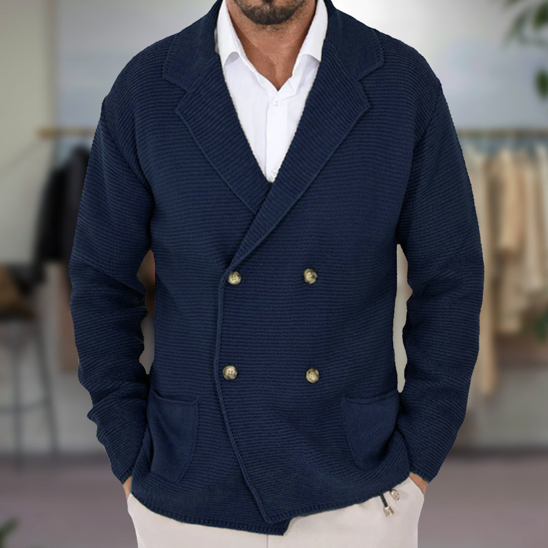 Men's Knit Cardigan Double-Breasted Blazer Style Navy Blue - Vonnera