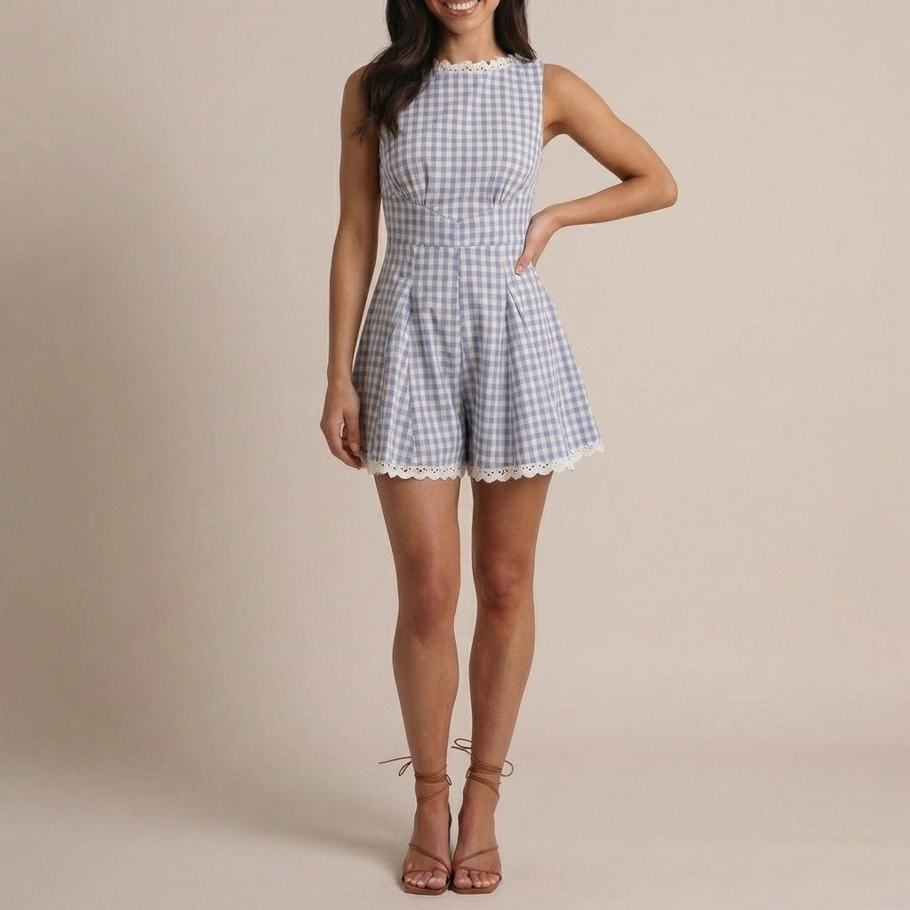 Women's Plaid Sleeveless Mini Jumpsuit - Vonnera