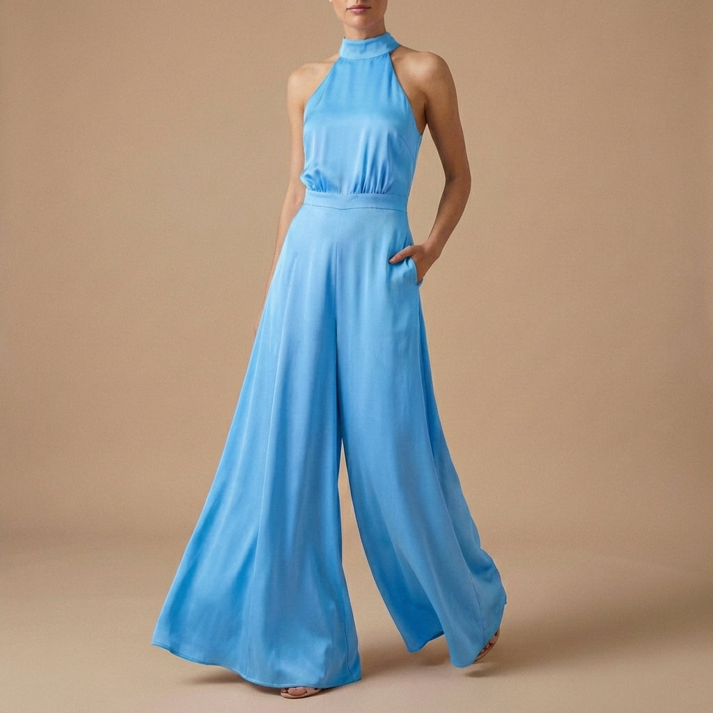 Women's Halter Neck Jumpsuit Wide Leg Tie Back - Vonnera