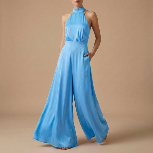 Women's Halter Neck Jumpsuit Wide Leg Tie Back - Vonnera
