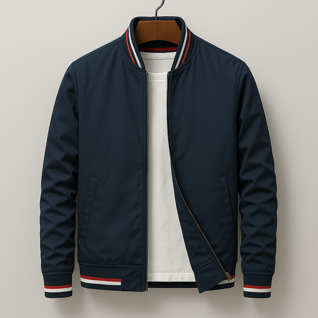 Men's Lightweight Bomber Jacket Ribbed Trim Zip-Up Black - Vonnera